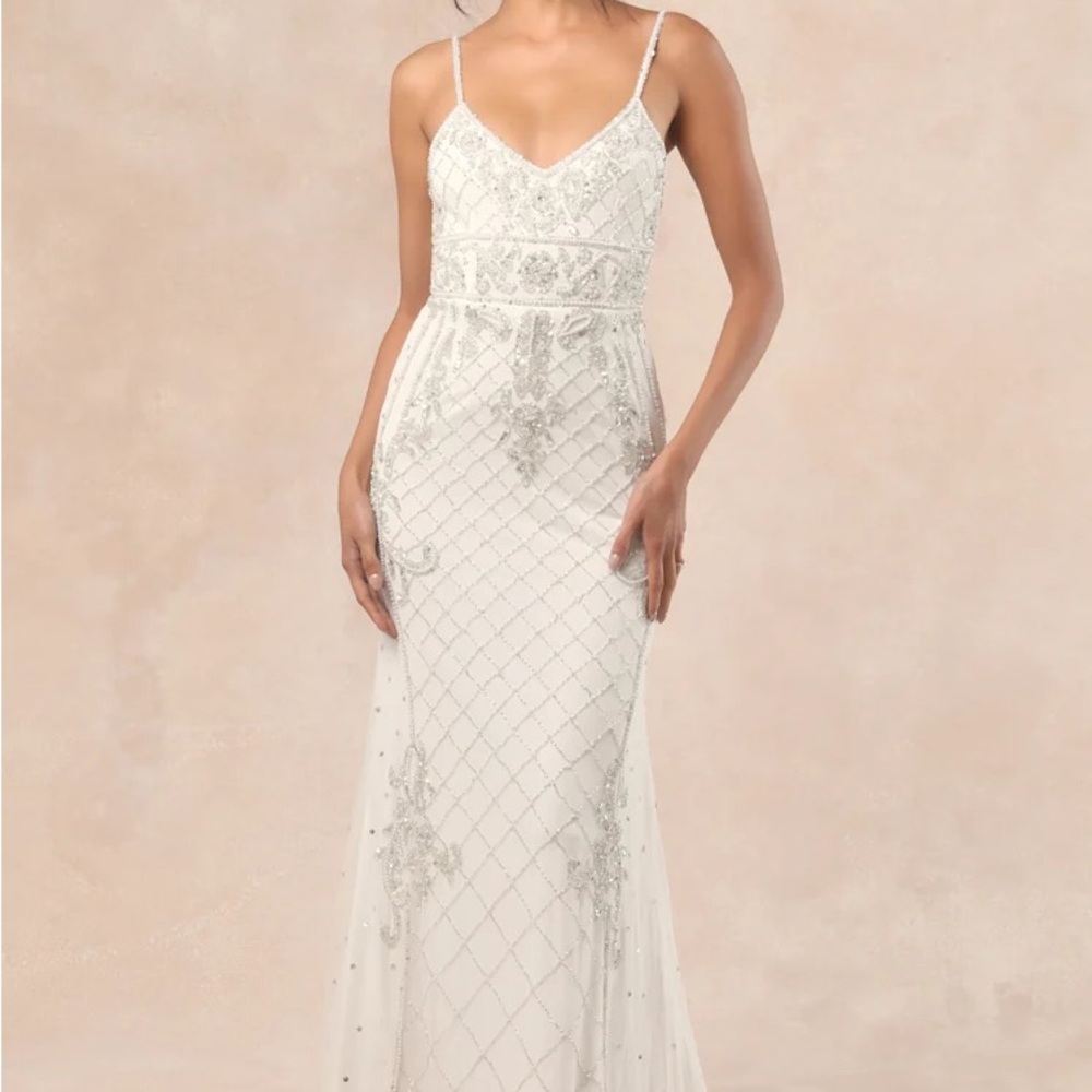 Lulu's Ivory Beaded Spaghetti-Strap Bridal Gown